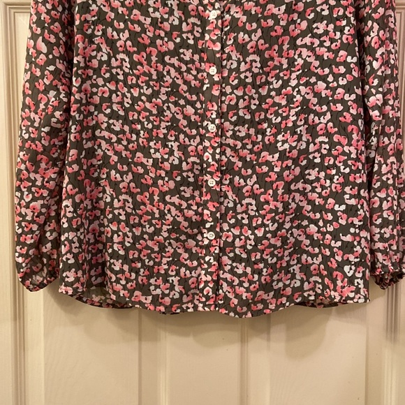 J Crew Blouse Olive Green with Floral Print of Pink White Black V Neck WM SZ XS - Picture 4 of 13